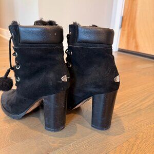 Jimmy Choo Elba 95 Black Swede Boots with Fur Pom Pom!